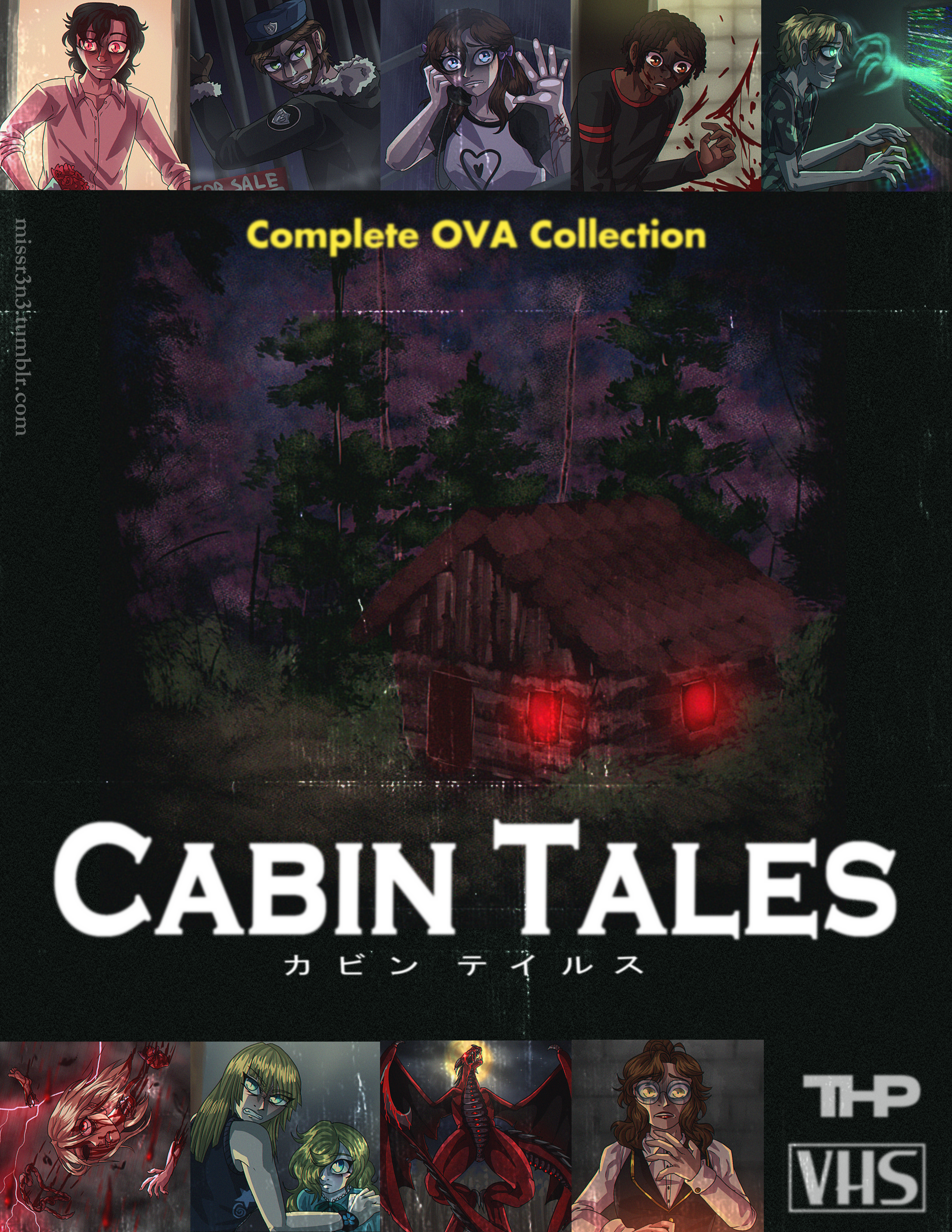 a mock vhs cover for cabin tales in the style of an 80s anime ova, with fake screenshots from all 9 stories lining the top and bottom